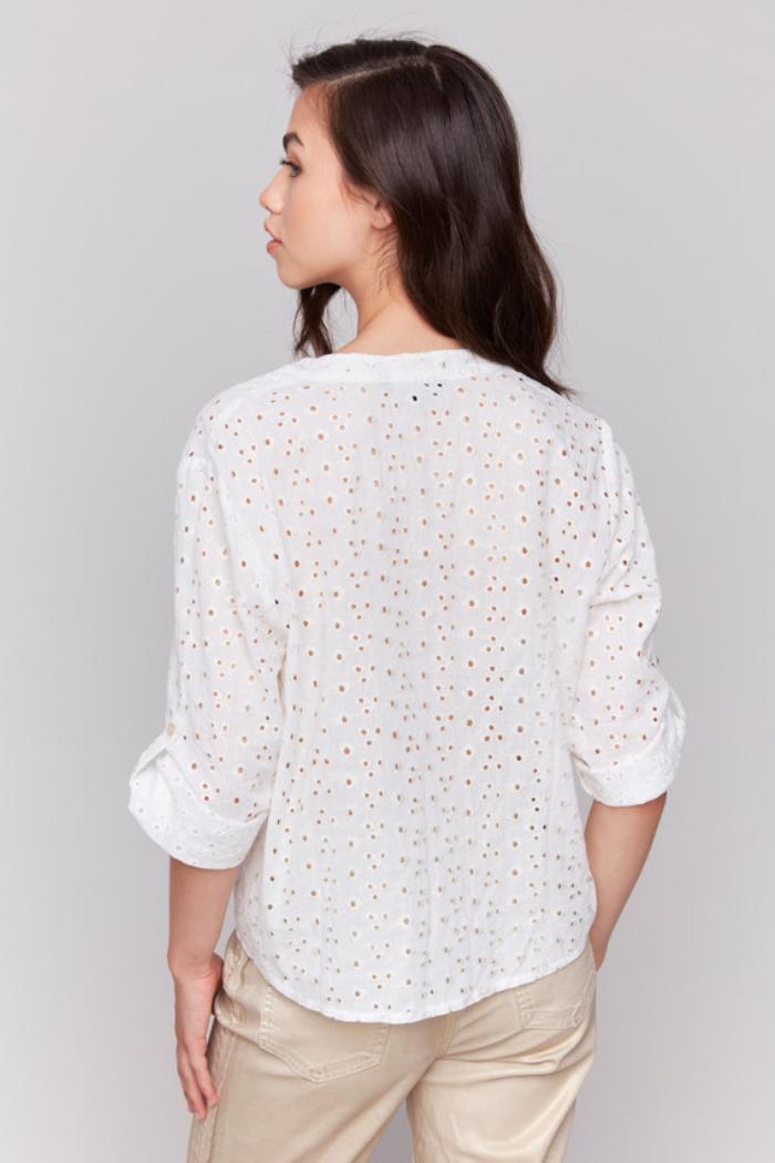 Ivory Cotton Gold Eyelet Tie Blouse Product Image