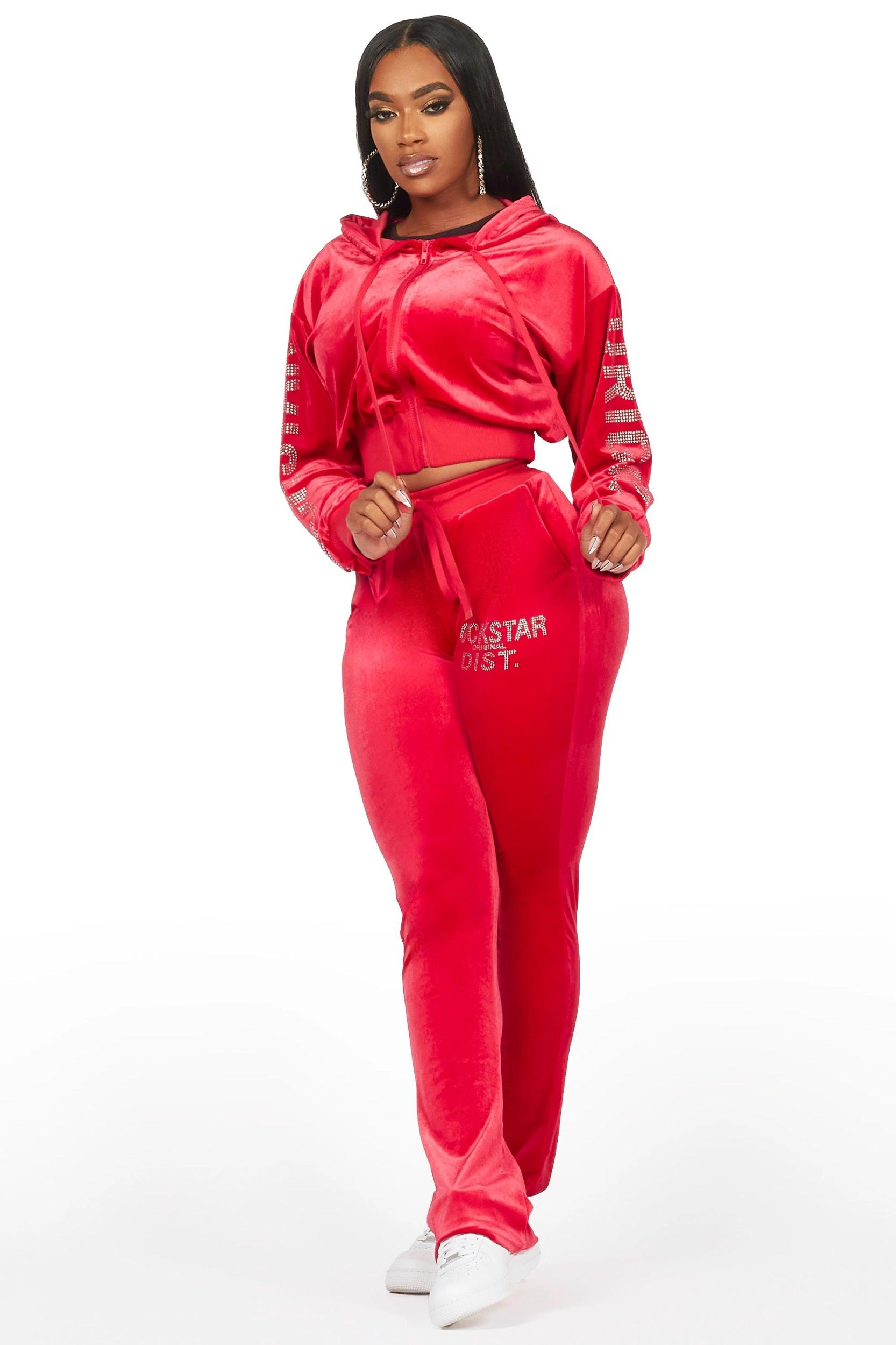 Shakura Red Stacked Rhinestone Velour Trackset Female Product Image