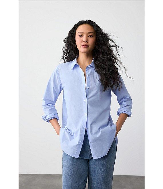 Eileen Fisher Organic Cotton Poplin Point Collar Long Sleeve Button Front Shirt Product Image