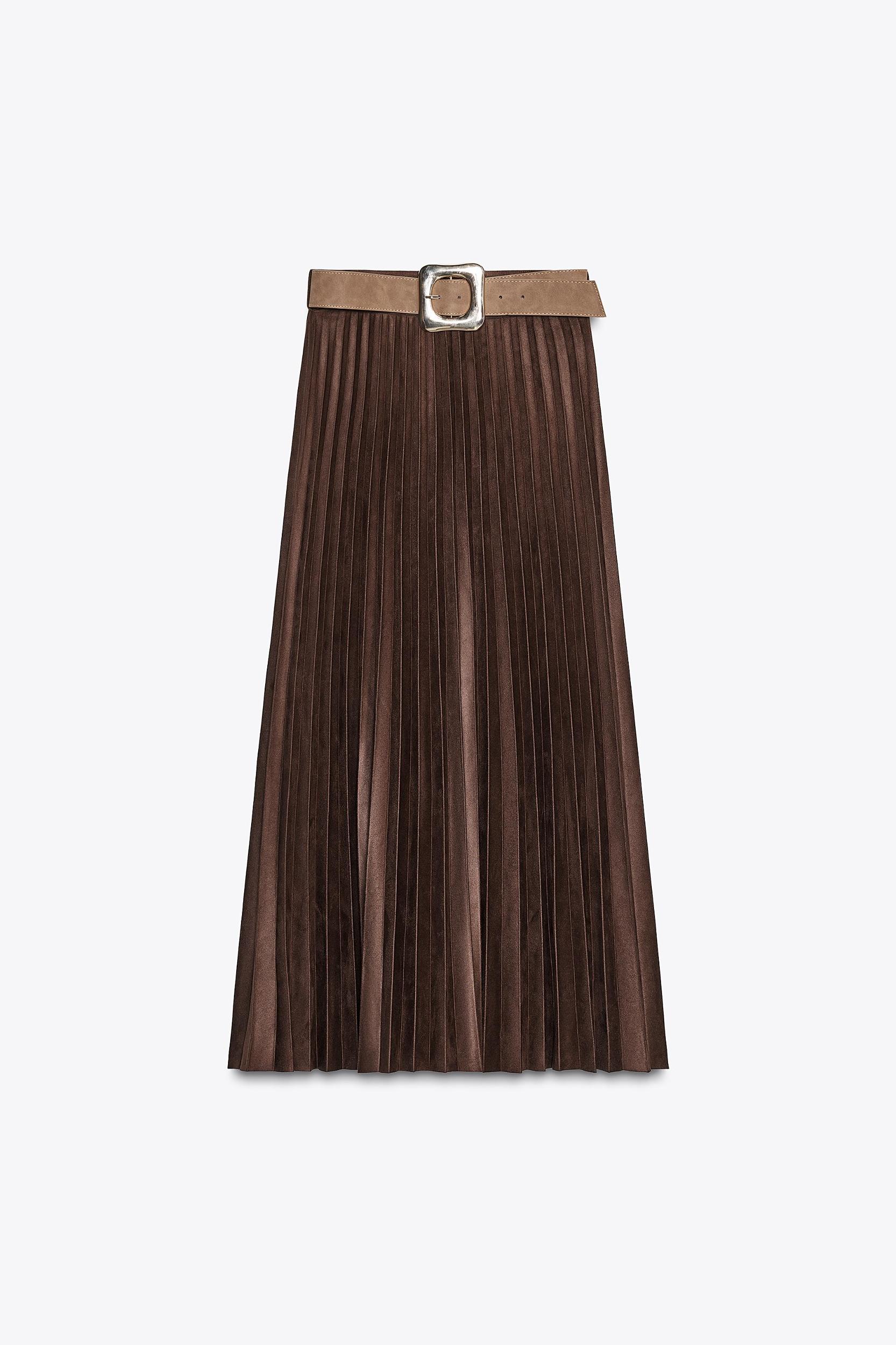 BELTED FAUX SUEDE EFFECT PLEATED MIDI SKIRT Product Image