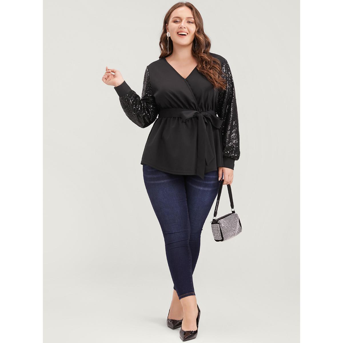 Plus Size Black Solid Sequin Belted Surplice Neck Blouse Women Party Long Sleeve V-neck Going out Blouses BloomChic 10/M Product Image