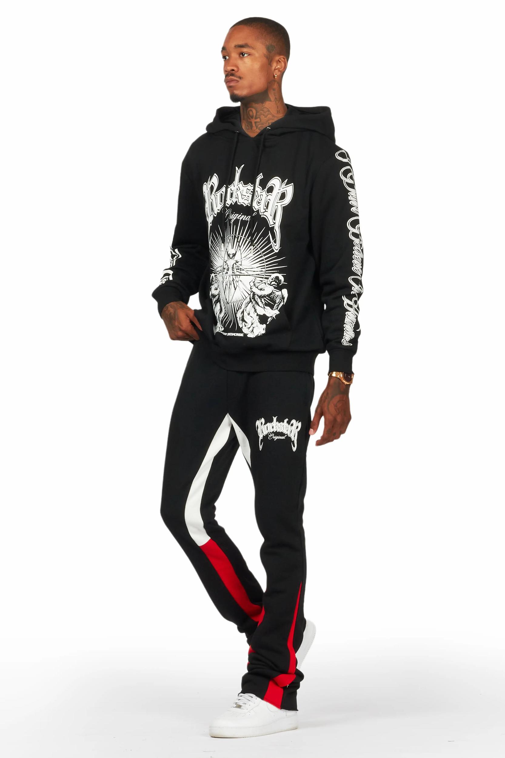 Yarden Black/Red Graphic Hoodie/Stacked Flare Pant Track Set Male Product Image