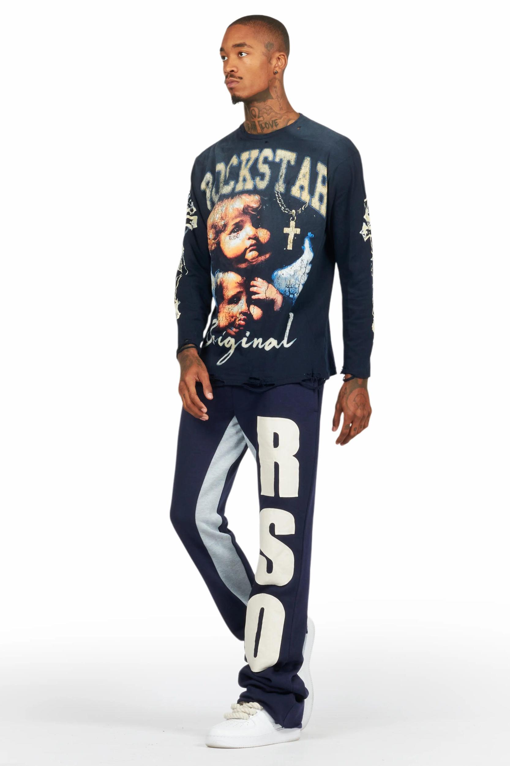 Uko Navy Stacked Baggy Track Pant Male Product Image