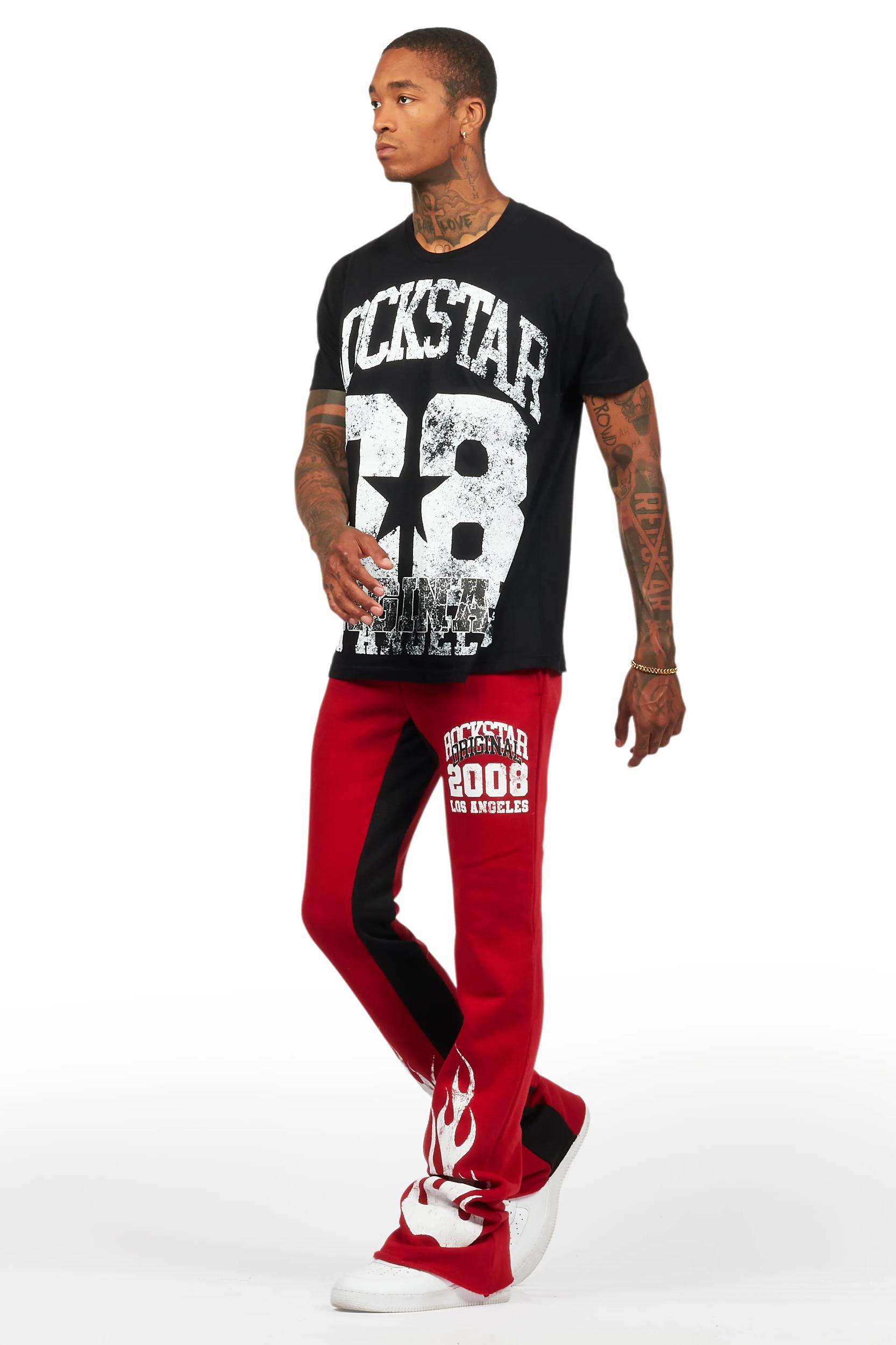 Edel Black/Burgundy T-Shirt/Stacked Baggy Track Pant Set Male Product Image