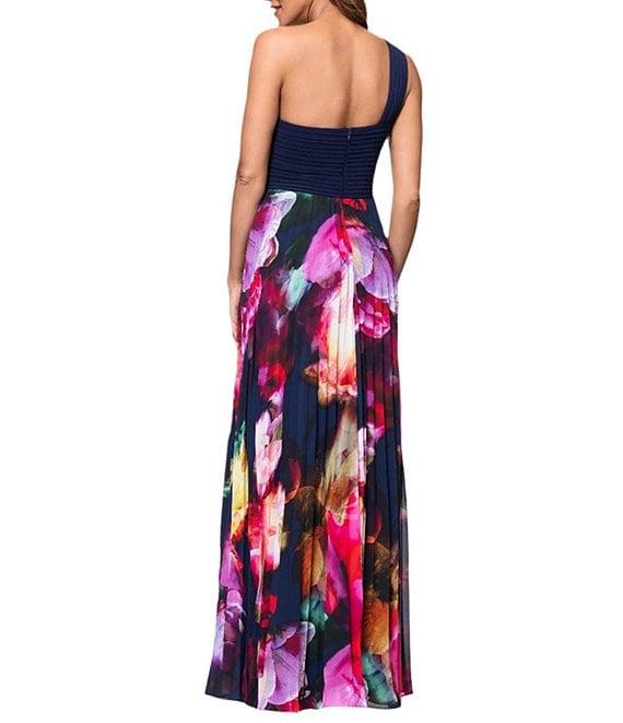 Xscape Chiffon Floral Print One-Shoulder Neck Sleeveless Pleated A-Line Gown Product Image