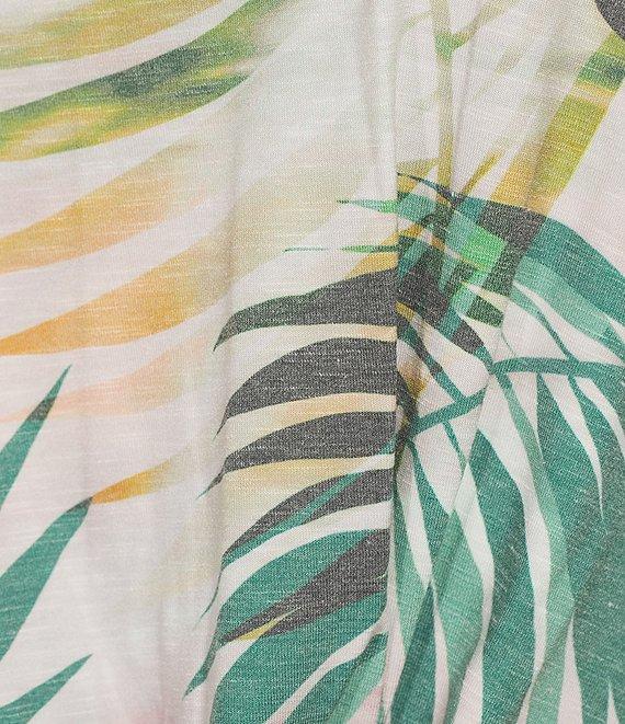 Democracy Petite Size Tropical Palm Print Scoop Neck Short Sleeve Twist Front Hem Knit Top Product Image