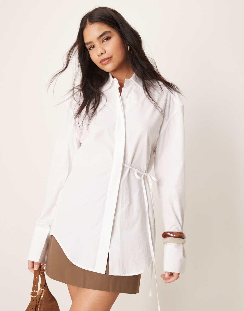 ASOS DESIGN poplin tie side oversized shirt in white Product Image