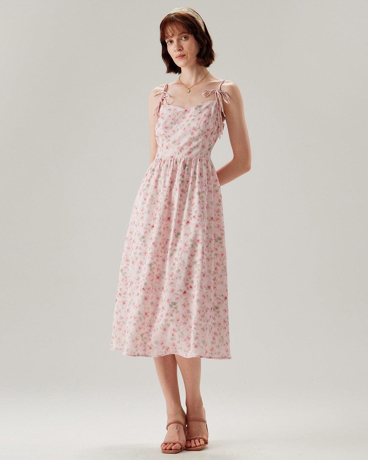 Pink Floral Shirred Slip Midi Dress Product Image
