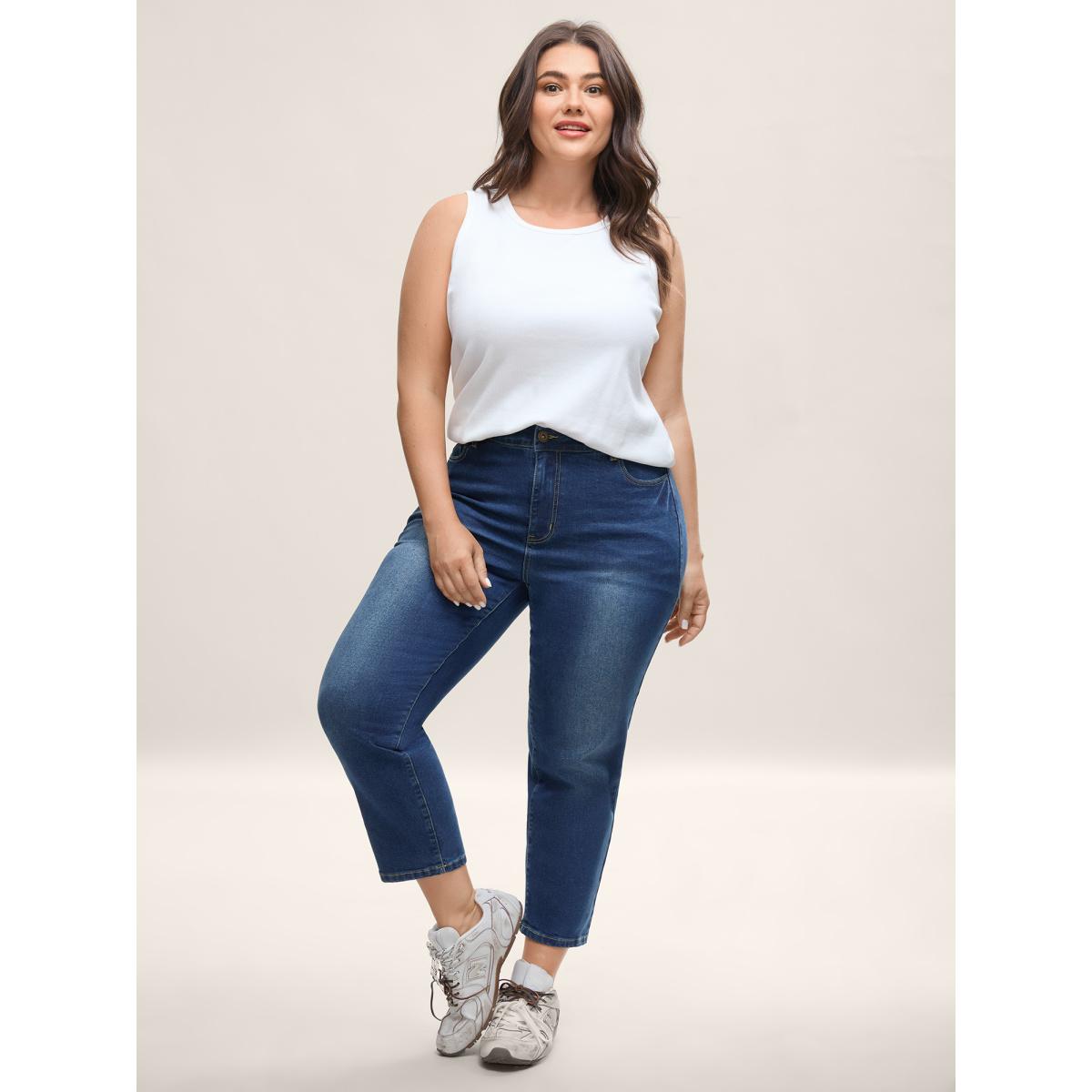 Plus Size Classic Sculpting Boyfriend Jeans Women Bluevintage Casual Medium stretch Slanted pocket Jeans BloomChic 28/5X Product Image