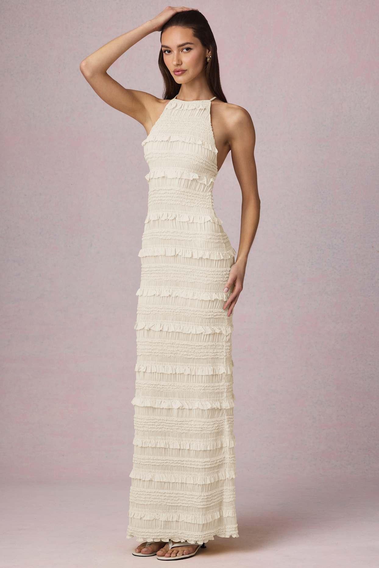 Ruffled Backless Halterneck Maxi Dress in Ivory Product Image