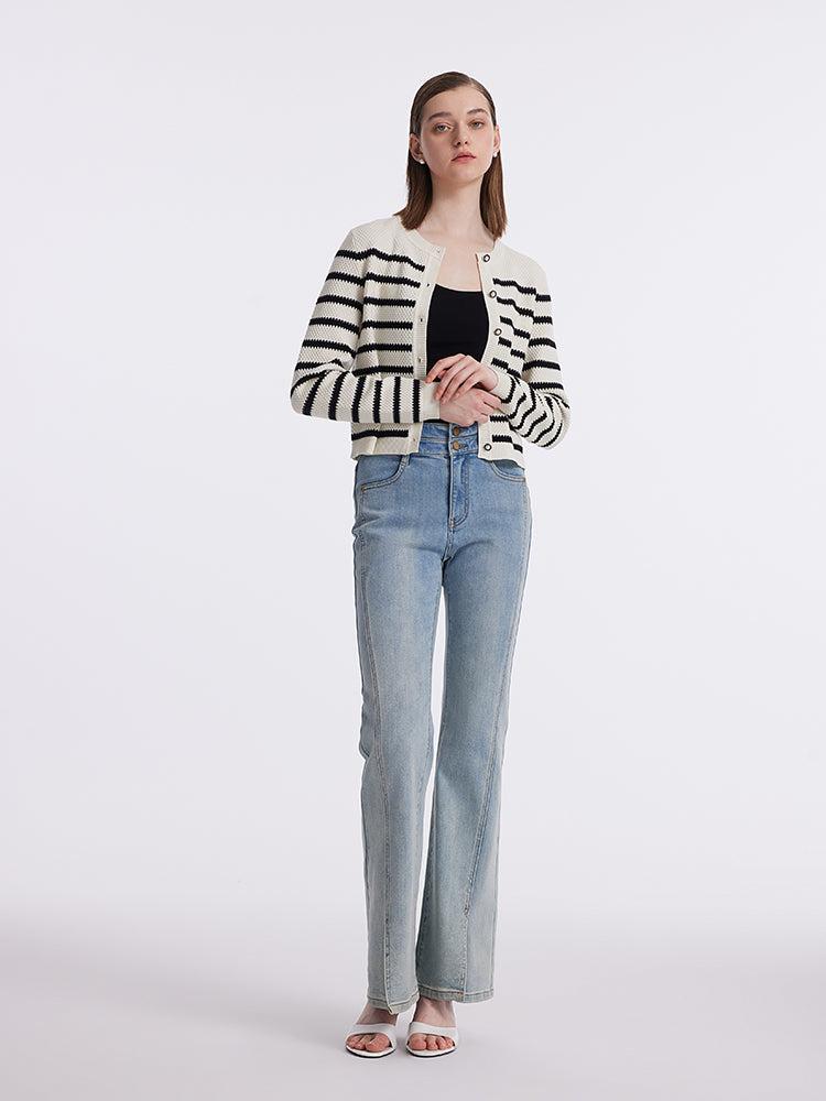 Striped Pearl Button Knitted Women Cardigan Product Image