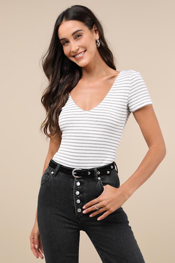 Sweetest Look White and Grey Striped Short Sleeve Bodysuit Product Image