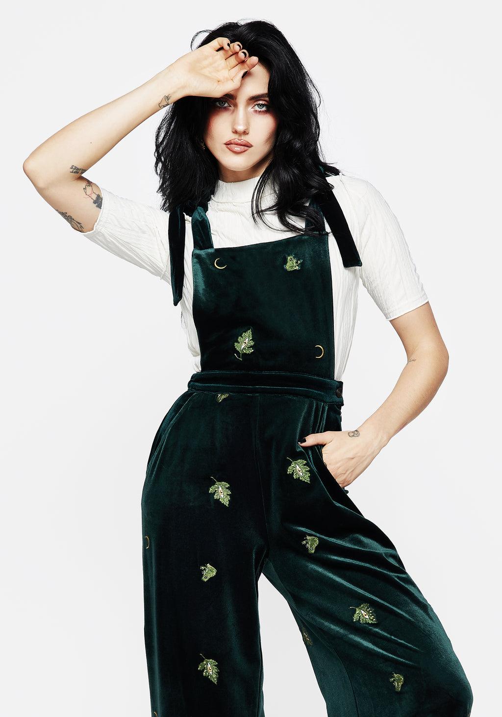 Swamplife Frog Embroidered Velour Wide Leg Dungarees Product Image