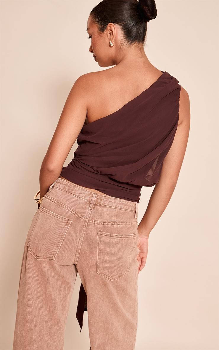 Chocolate Plum Chiffon One Shoulder Ruched Trim Drape Top Product Image