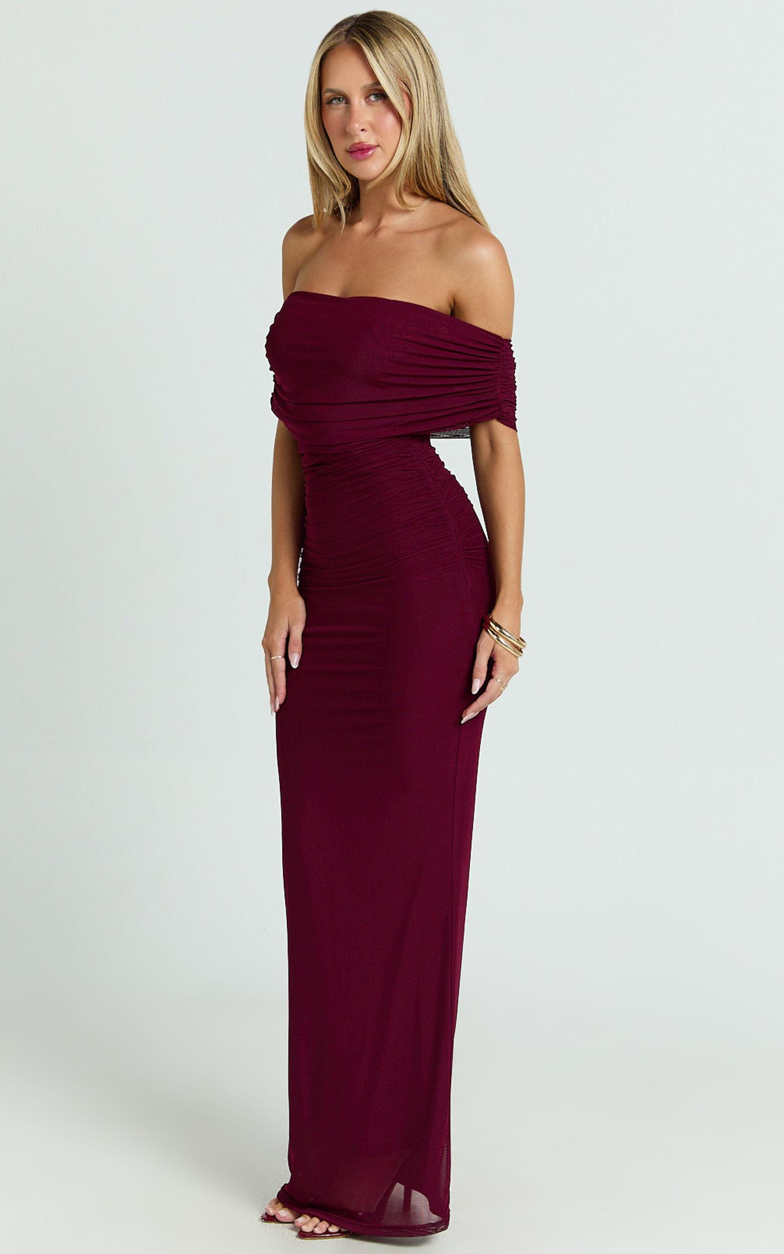 Caterina Maxi - Ruched Off Shoulder Mesh Dress in Wine Product Image