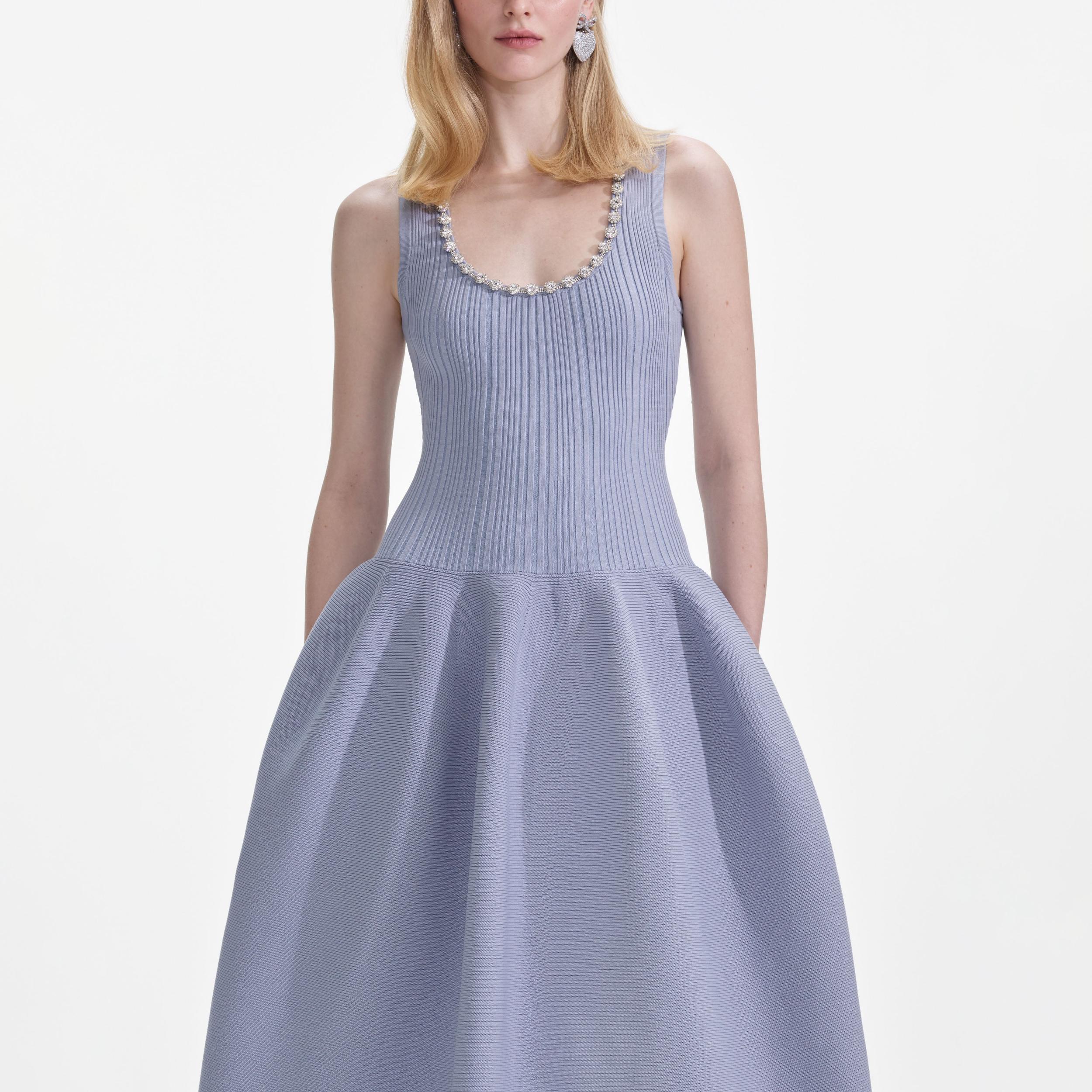 Blue Ribbed Knit Diamante Midi Dress Product Image