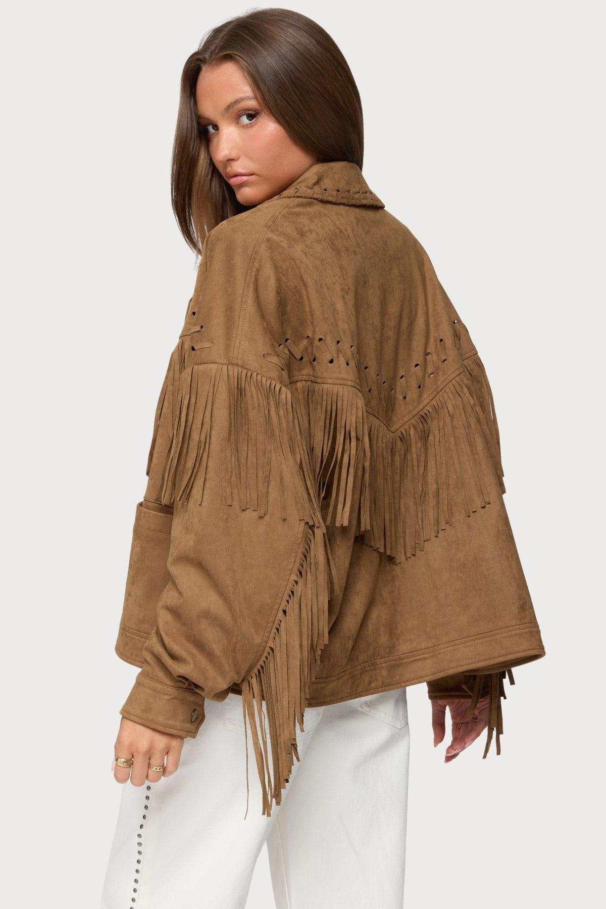 Evonka Fringe Faux Suede Jacket Product Image