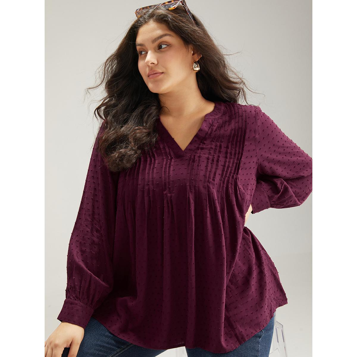 Plus Size Burgundy Plicated Detail Polka Dot Blouse Women Elegant Long Sleeve V-neck Dailywear Blouses BloomChic 30/6X Product Image