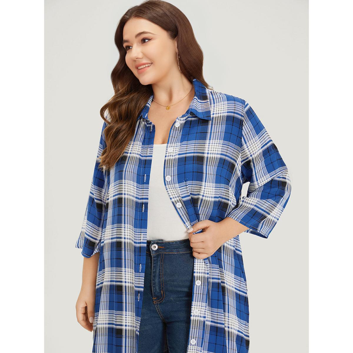 Plus Size Plaid Shirt Collar Pocket Button Through Kimono Women Indigo Casual Button Loose Pocket Dailywear Kimonos BloomChic 26/4X Product Image