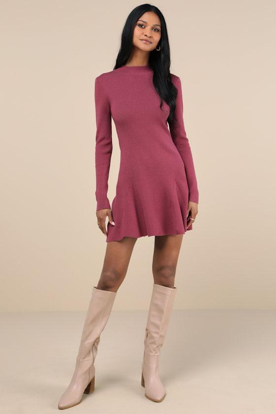 Adorable Intentions Mauve Mock Neck A-Line Mini Sweater Dress Product Image