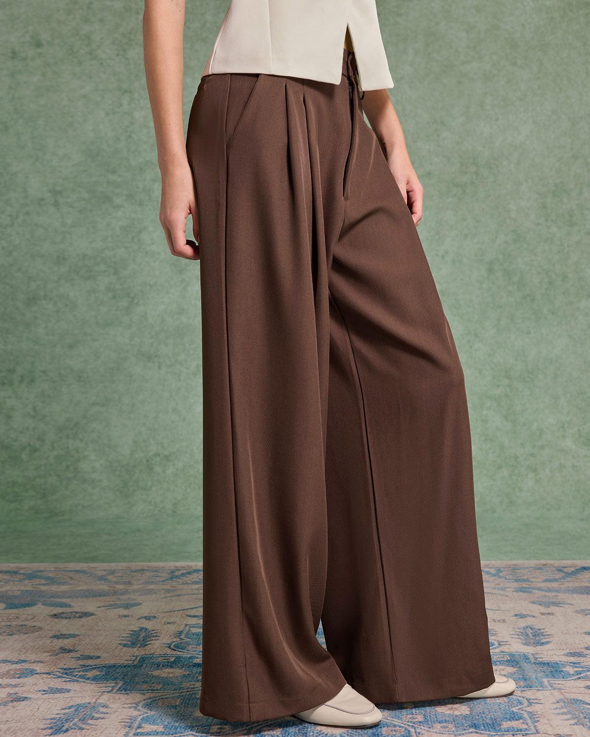 Coffee Ruched Straight Pants Product Image
