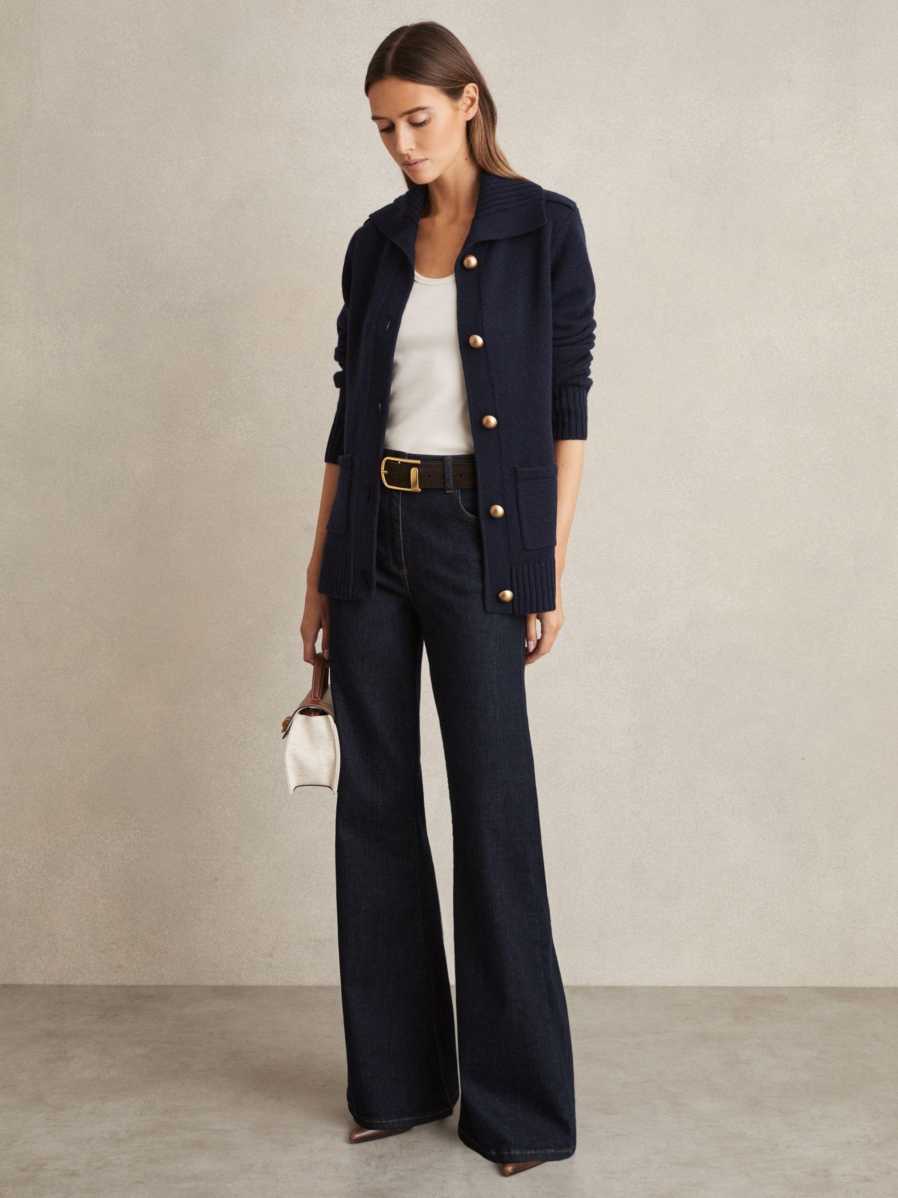 Wool-Cashmere Spread Collar Cardigan in Navy Product Image