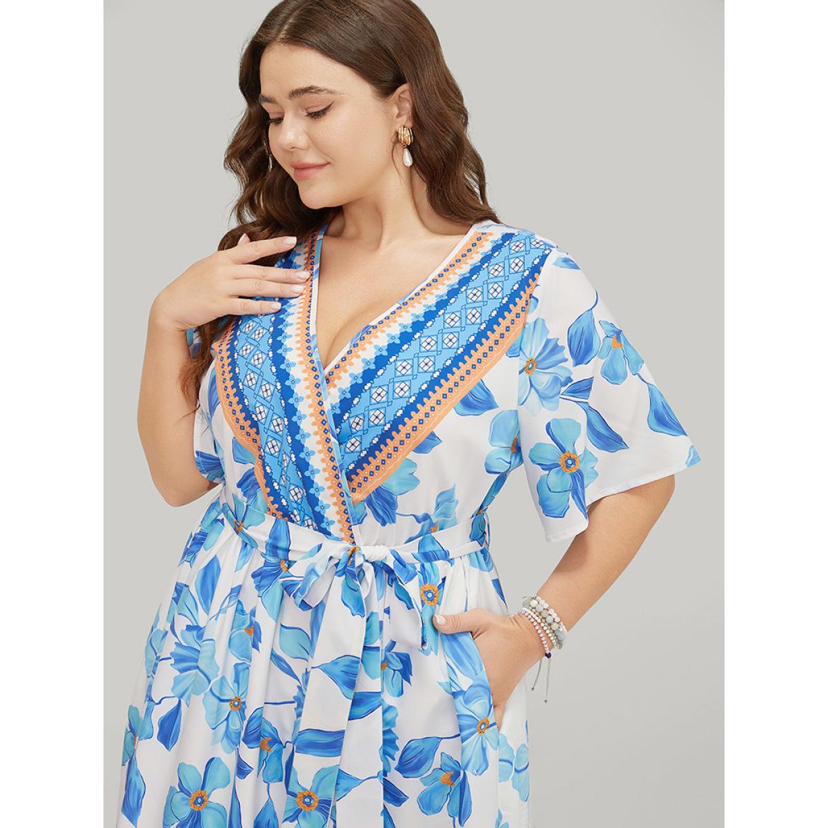 Plus Size Bandana Print Ruffle Hem Belted Pocket Wrap Dress LightBlue Women Vacation Cross straps V-neck Short sleeve Curvy Knee Dress BloomChic 12/L Product Image