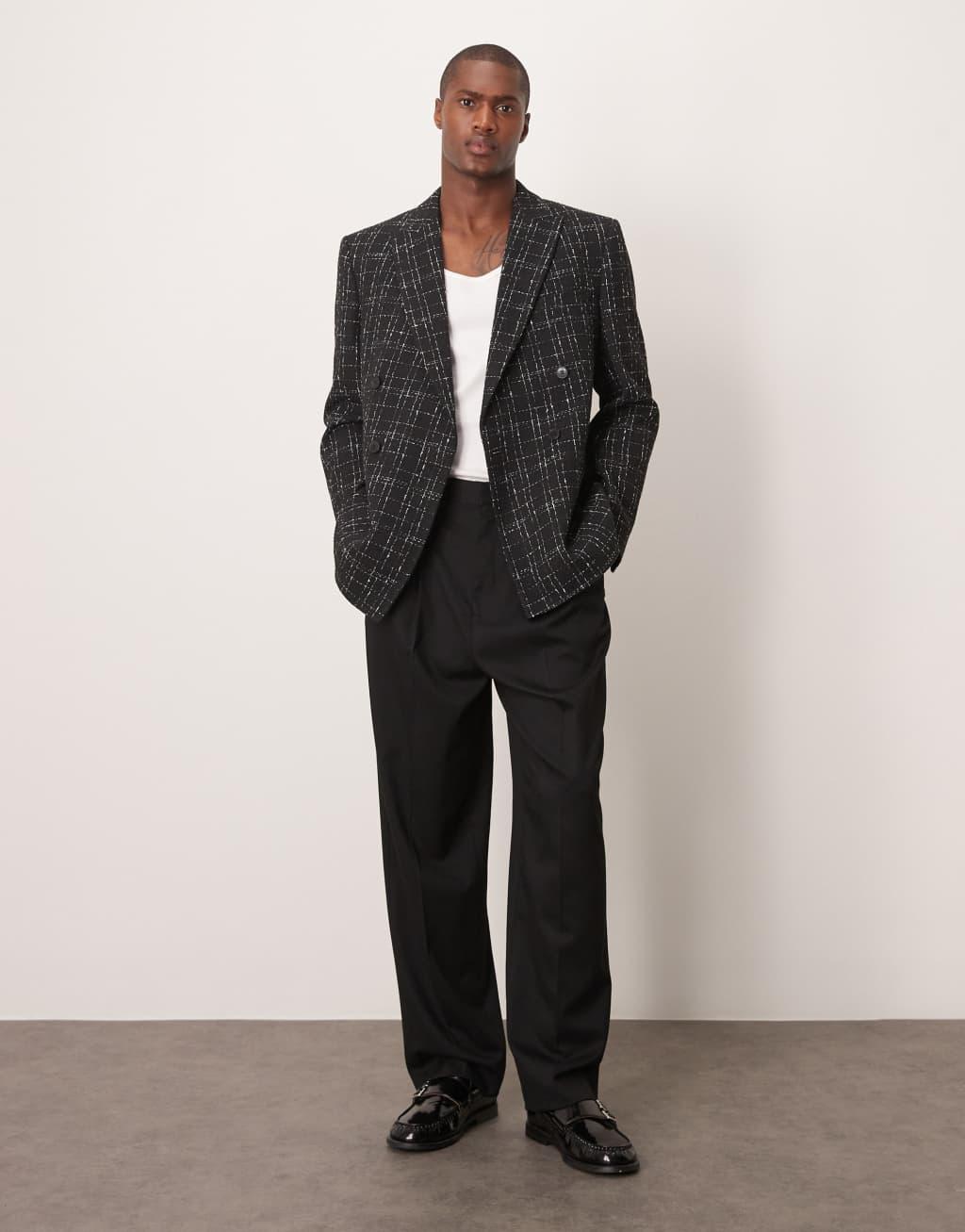 ASOS DESIGN regular double breasted suit jacket in black and white crosshatch texture Product Image