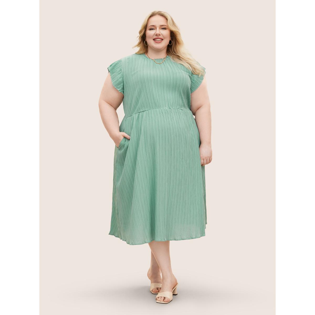 Plus Size Plain Cap Sleeve Ruffles Trim Mock Neck Pocket Dress Mint Women Elegant Pocket Round Neck Short sleeve Curvy Midi Dress BloomChic 18-20/2X Product Image