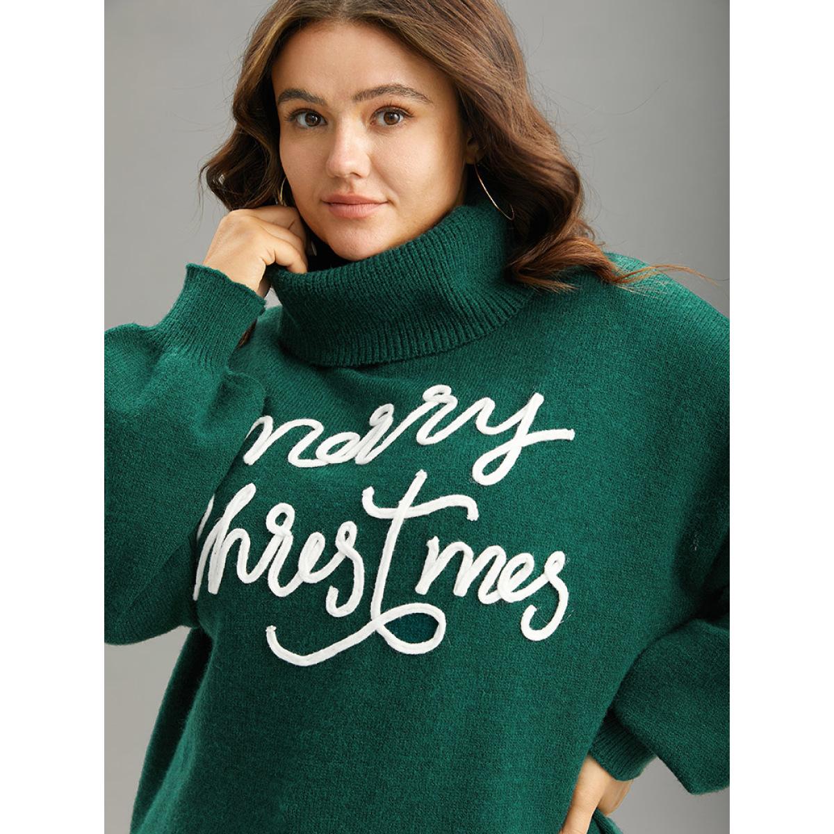 Plus Size Anti-Pilling Letter Graphic Elastic Cuffs Pullover DarkGreen Women Casual Loose Long Sleeve Lapel Collar Festival-Christmas Pullovers BloomChic 30/6X Product Image