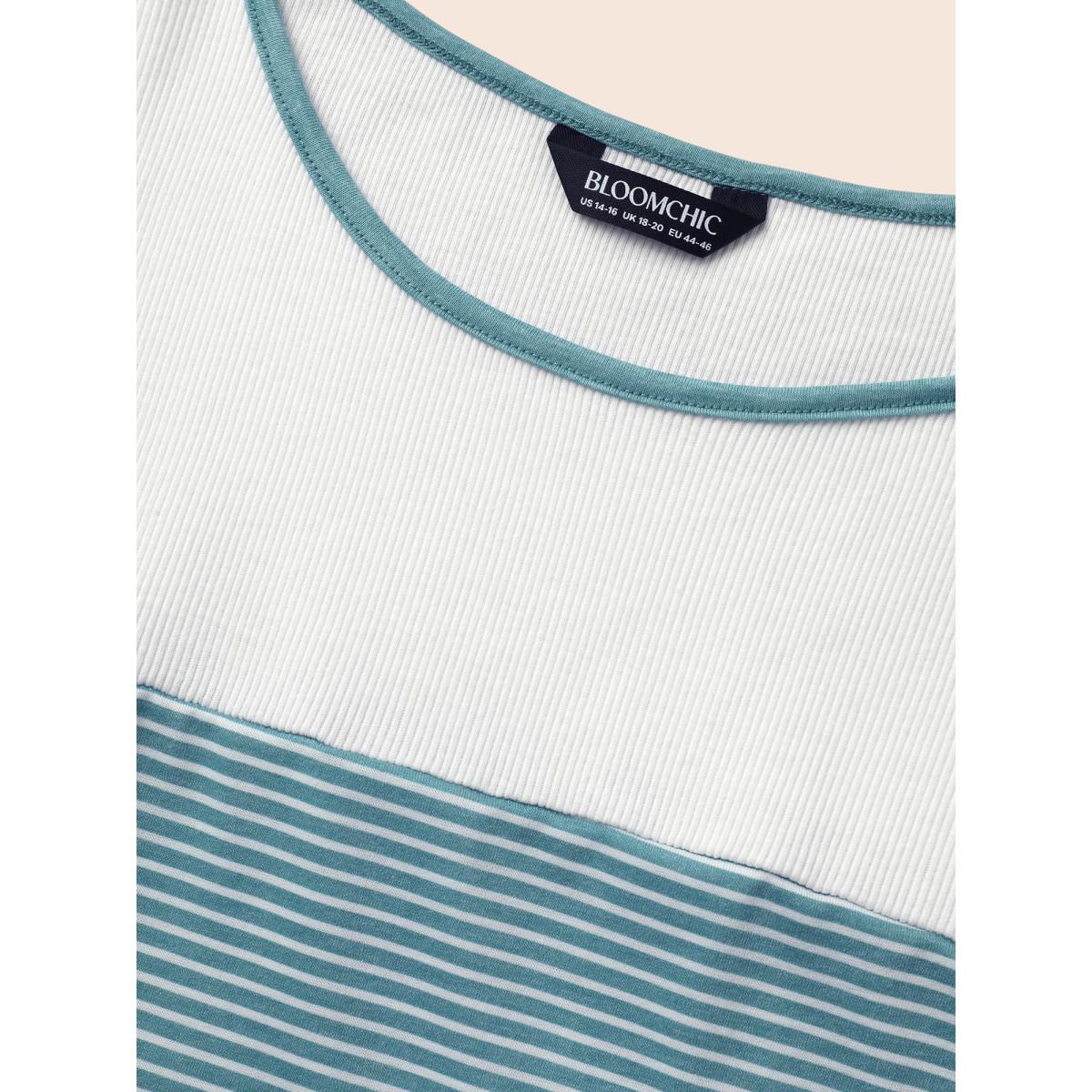 Plus Size Round Neck Striped Patchwork Contrast T-shirt Cerulean Women Casual Contrast Round Neck Everyday T-shirts BloomChic 14-16/1X Product Image