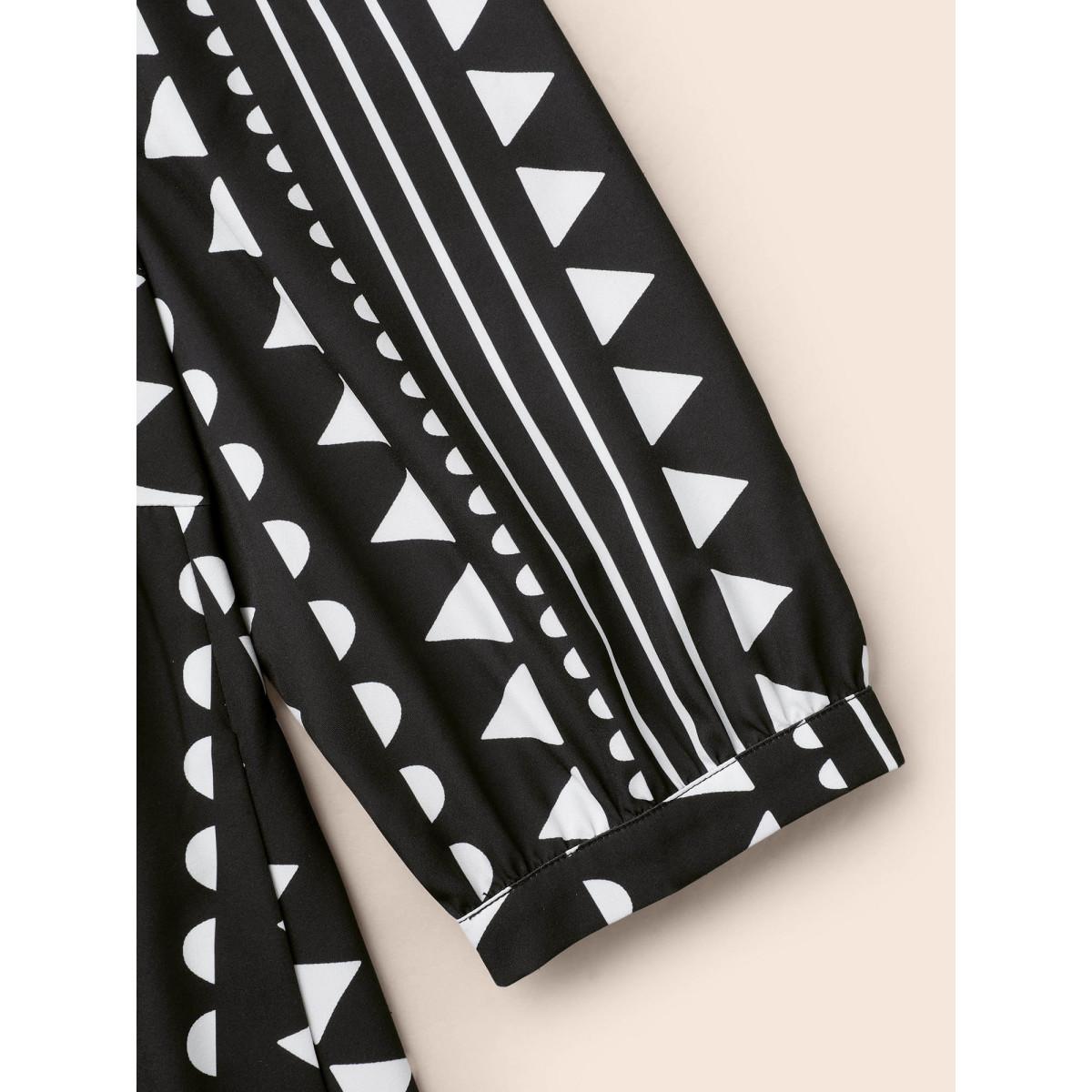 Plus Size Geometric V Neck Lantern Sleeve Dress Black Women Resort Non V-neck Elbow-length sleeve Curvy BloomChic 12/L Product Image