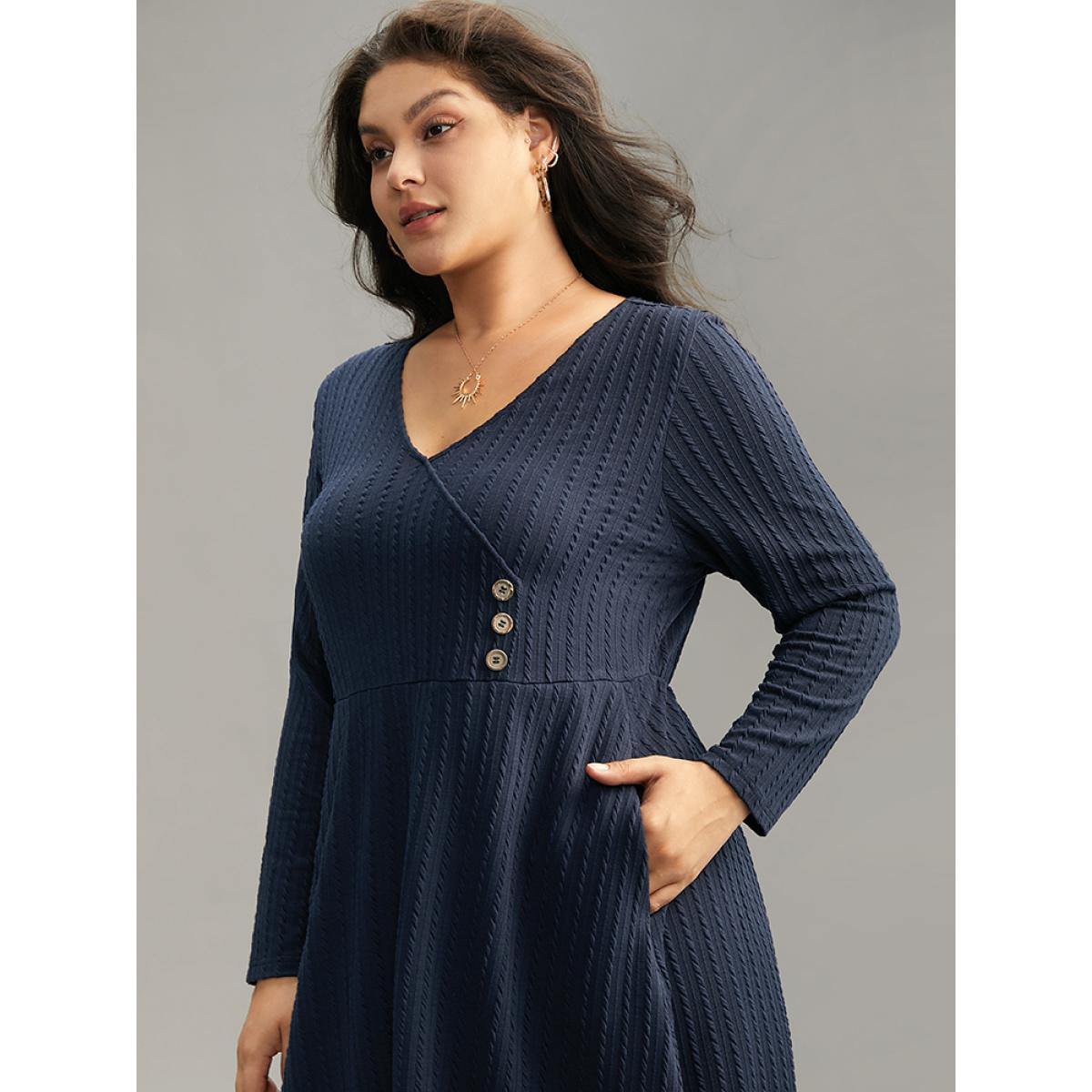 Plus Size Solid Appliques Button Detail Elastic Waist Dress Midnight Women Casual Texture Deep V-neck Long Sleeve Curvy Midi Dress BloomChic 12/L Product Image