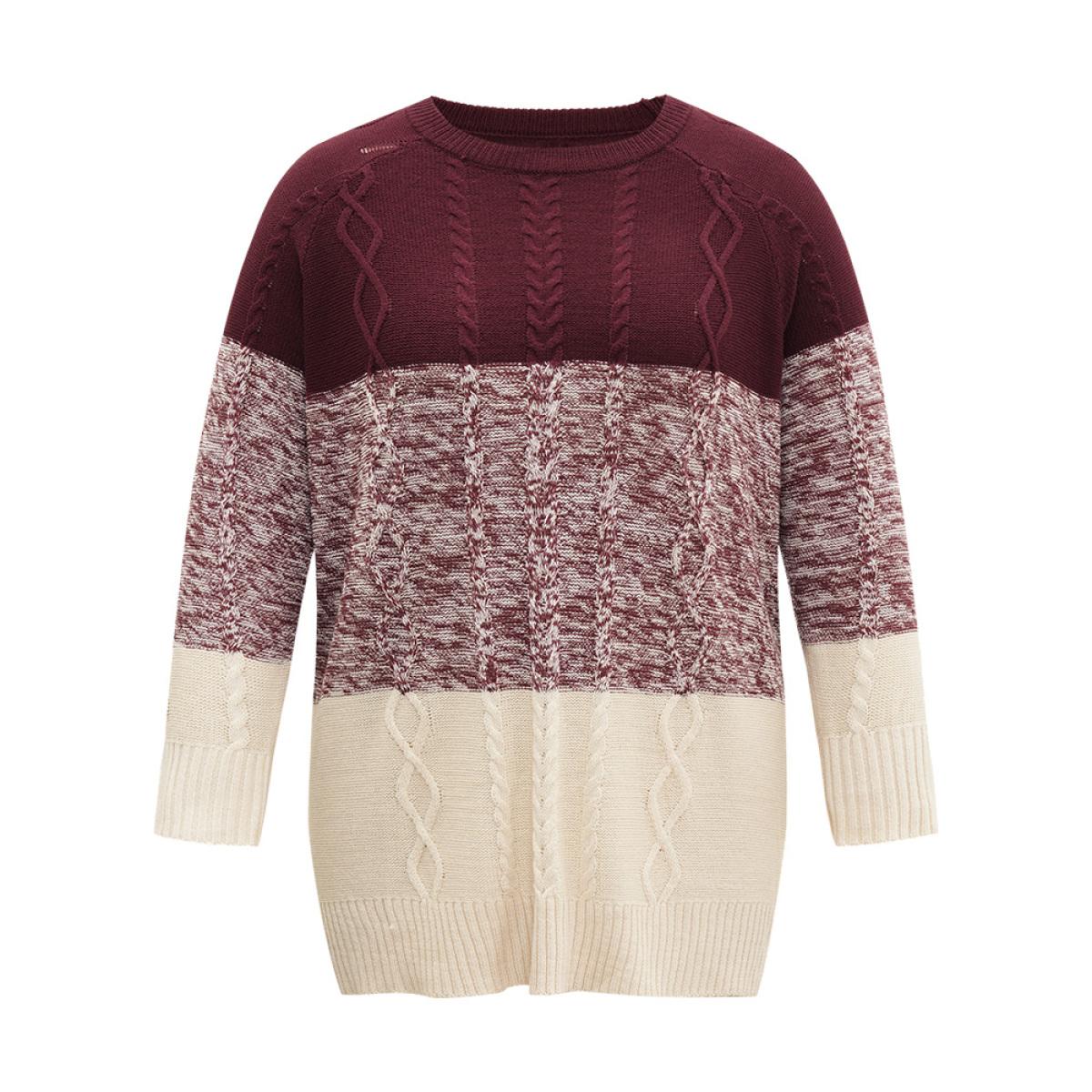 Plus Size Cable Knit Heather Colorblock Patchwork Pullover Burgundy Women Casual Loose Long Sleeve Round Neck Dailywear Pullovers BloomChic 22-24/3X Product Image
