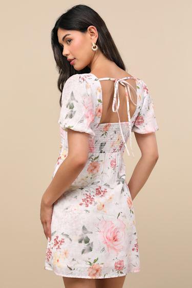 Kenlee Ivory Floral Puff Sleeve Mini Dress Product Image