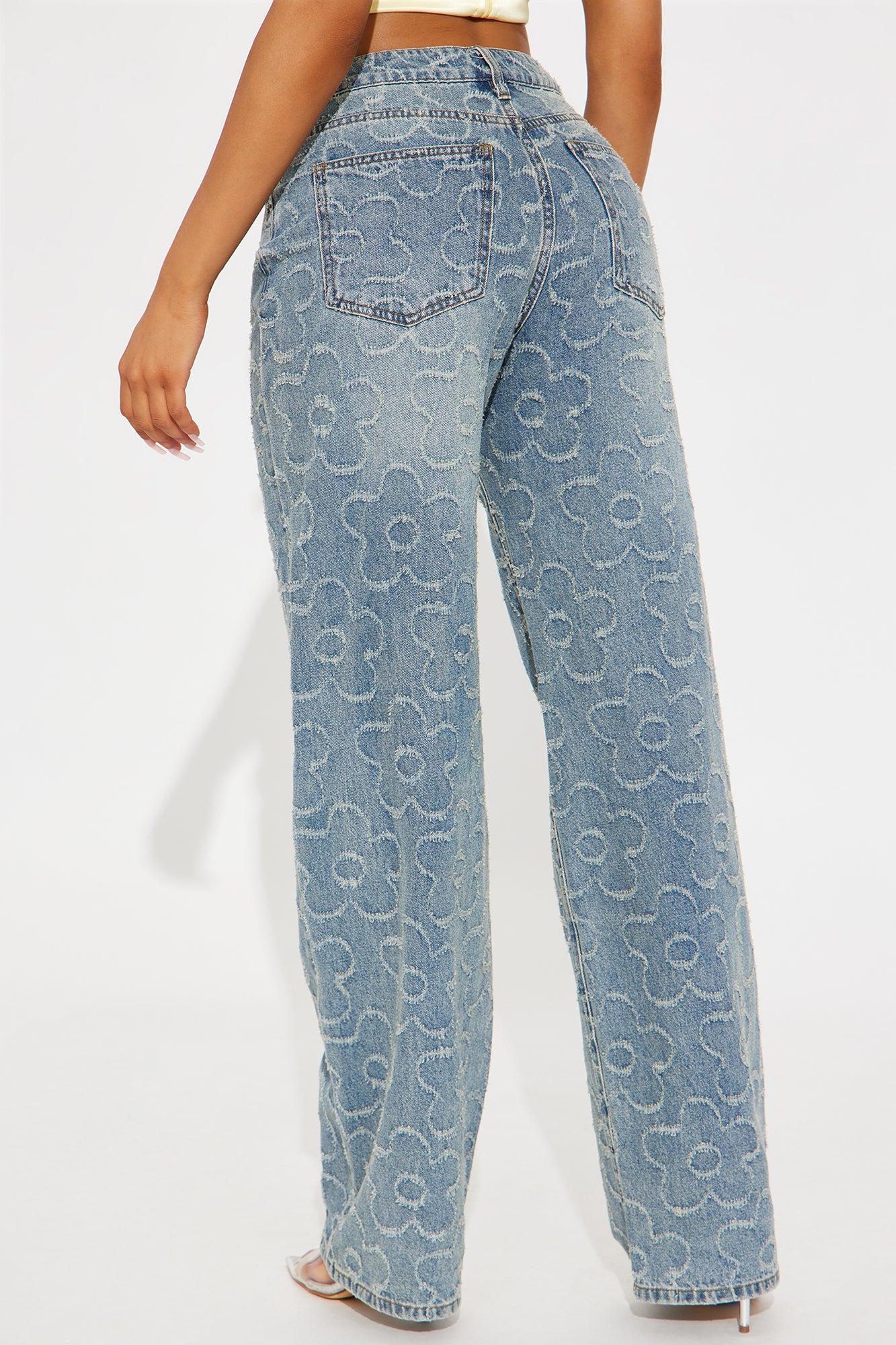 Flower Power Jacquard Wide Leg Jeans - Medium Wash Product Image