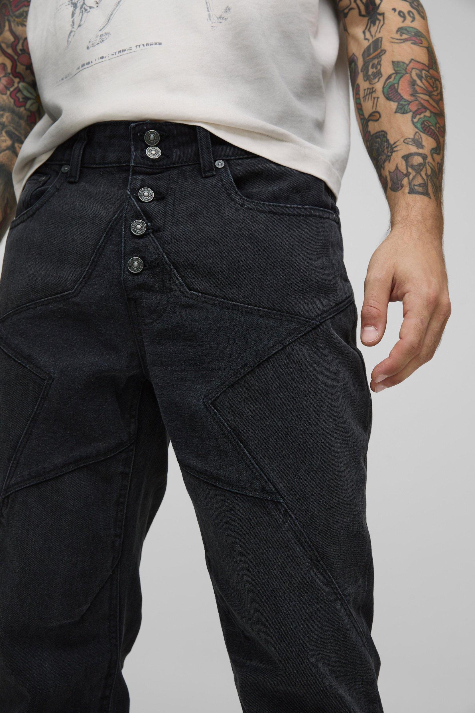 Star Seam Detail Button Front Slim Flared Jeans | boohooMAN USA Product Image