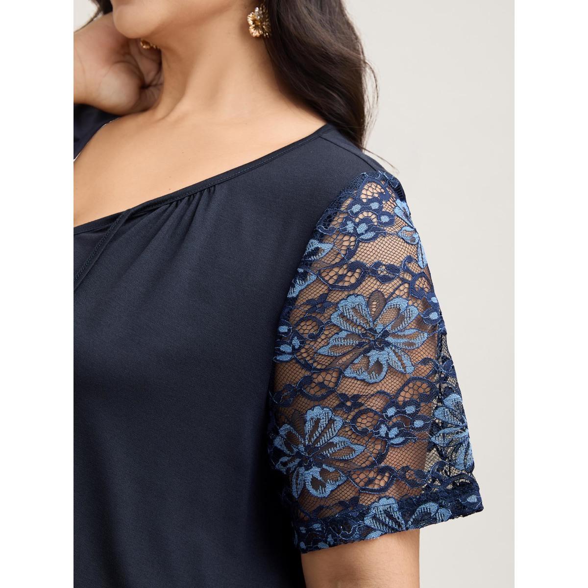 Plus Size Dual-Tone Lace Neck Tie Relaxed T-Shirt Indigo Women Elegant Tie knot V-neck Loose Everyday T-shirts BloomChic 18-20/2X Product Image