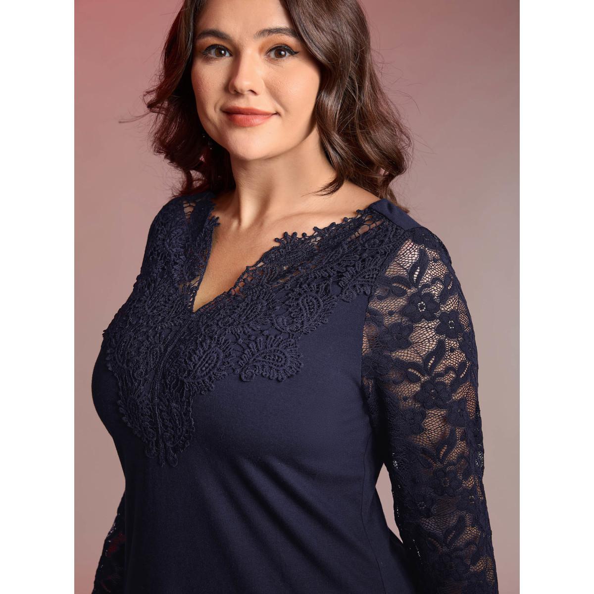 Plus Size Sheer Lace Fitted Solid T-Shirt Indigo Women Timeless See through Notched collar Bodycon Elegant T-shirts BloomChic 22-24/3X Product Image