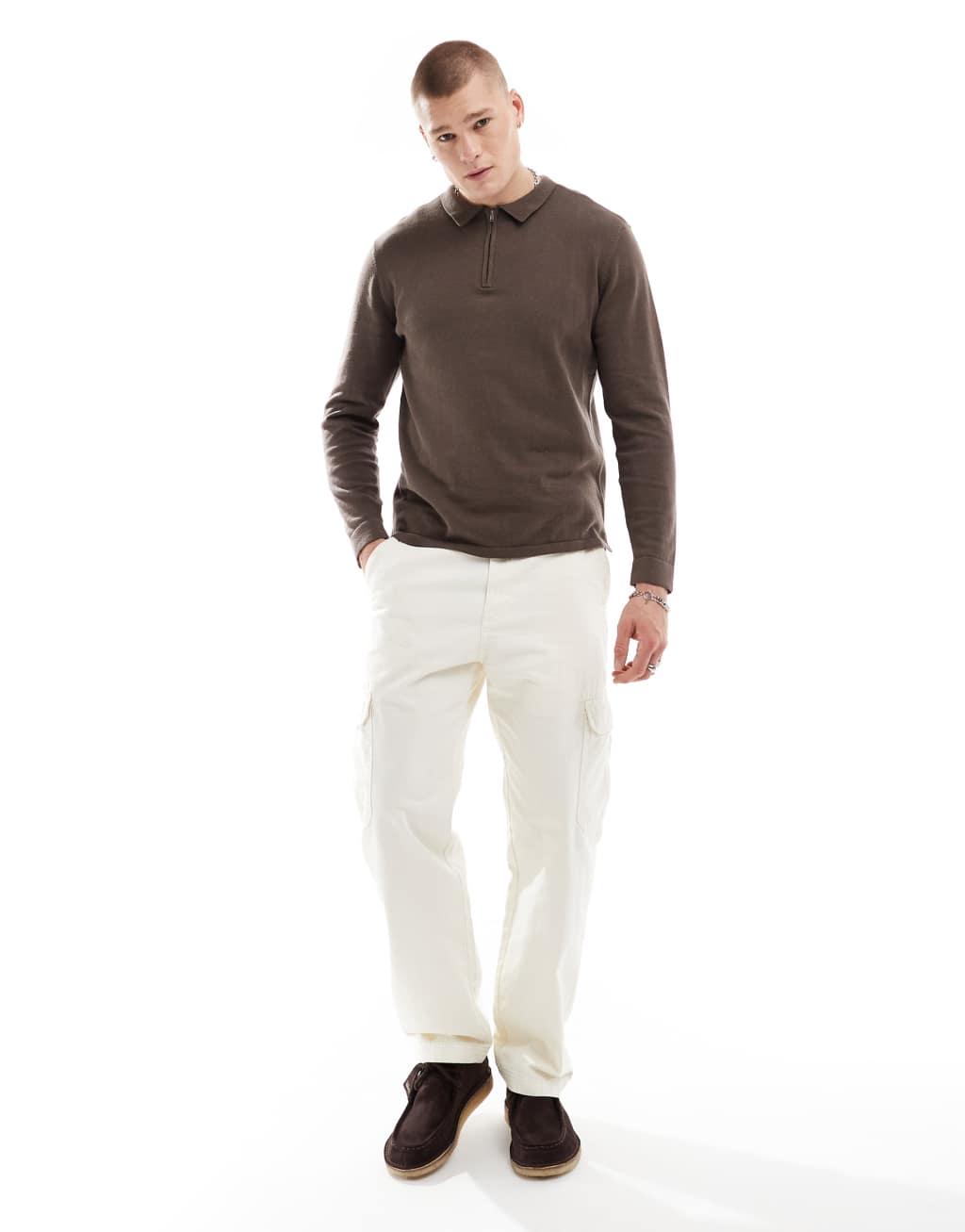 Another Influence knitted long sleeve polo sweater in brown Product Image