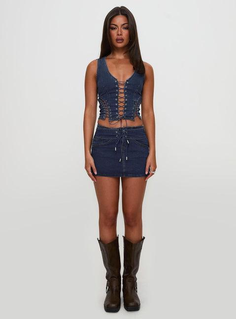 Popular Low Rise Mini Skirt Mid Blue Wash Product Image