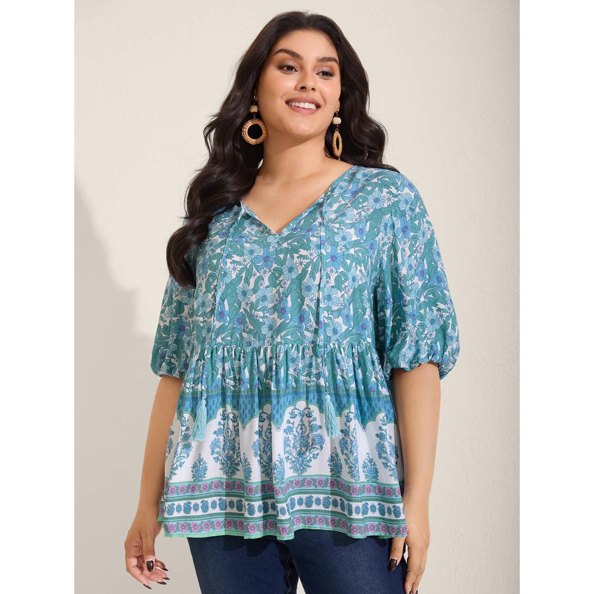 Plus Size Turquoise Boho Floral Print Color Contrast Blouse Women Boho Elbow-length sleeve V-neck Vacation Blouses BloomChic 18-20/2X Product Image