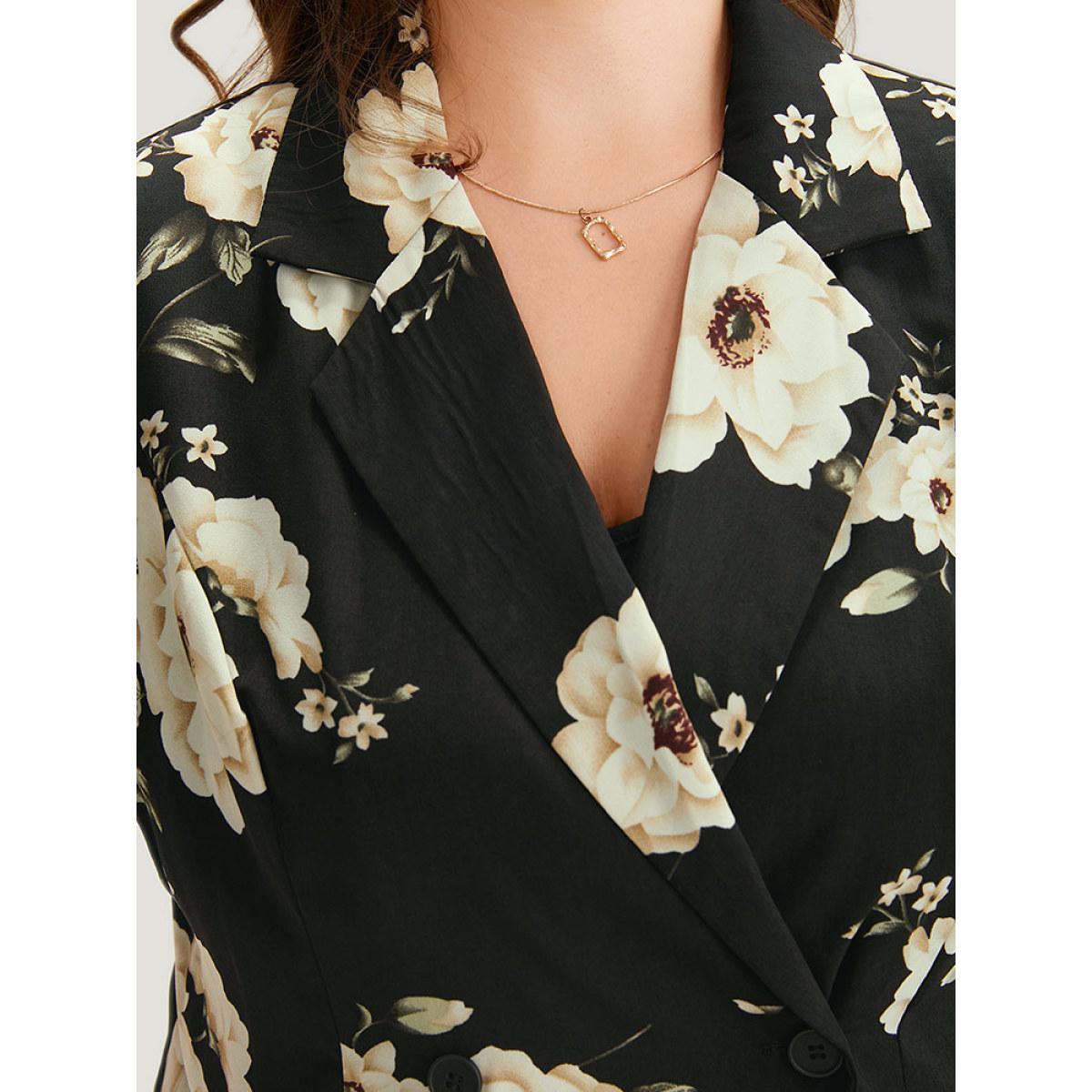 Plus Size Floral Print Suit Collar Pocket Blazer Black Women Work Floral Printed Sleeve Long Sleeve Lapel Collar 28/5X Pocket Office Blazers BloomChic Product Image