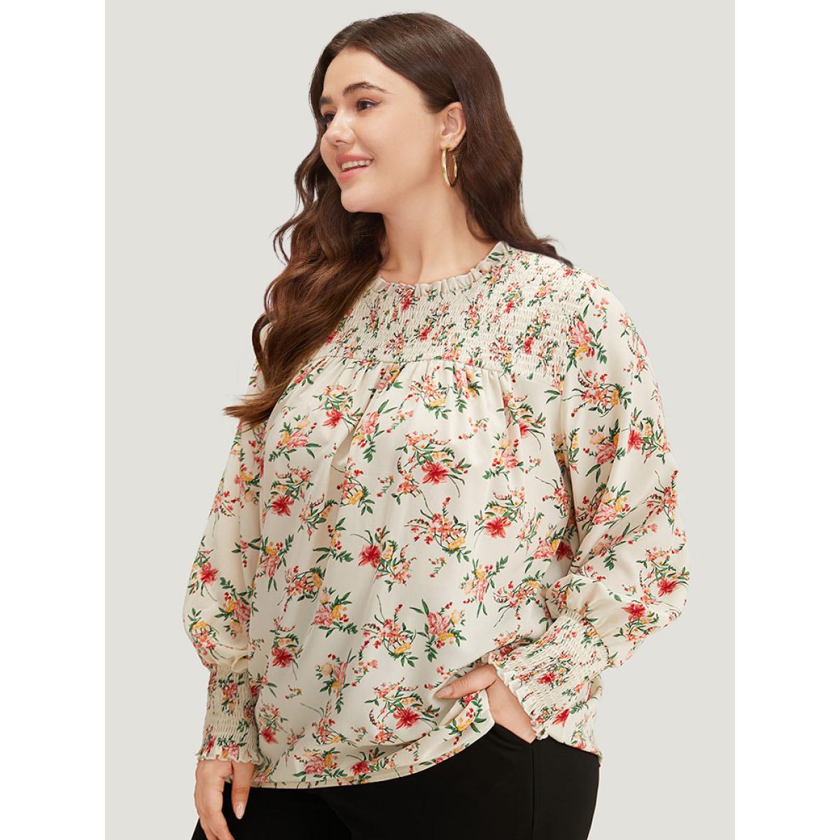 Plus Size White Floral Print Shirred Frill Trim Blouse Women Elegant Long Sleeve Round Neck Dailywear Blouses BloomChic 12/L Product Image