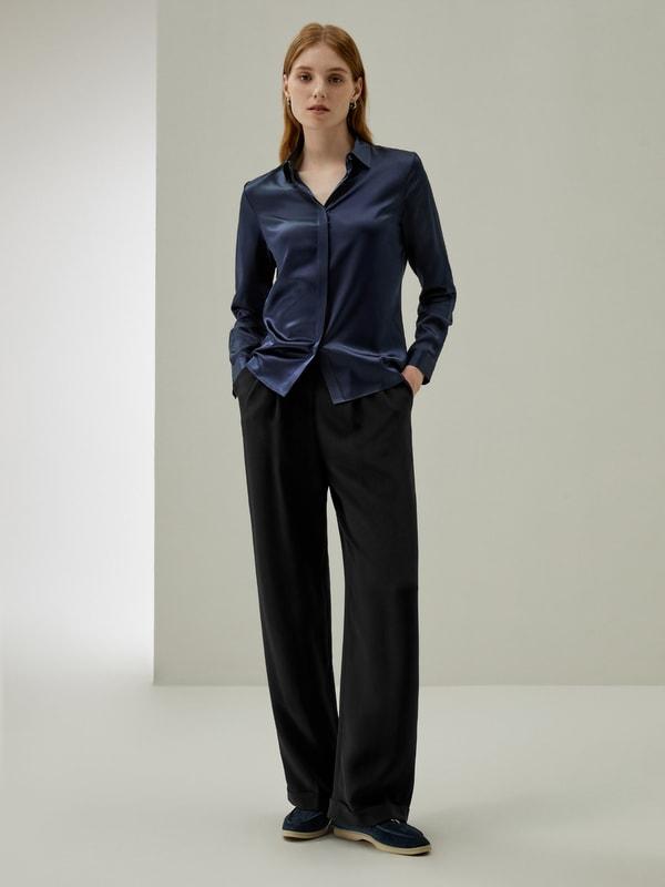 Timeless Pleated Wide-Leg Dense Silk Trousers Product Image