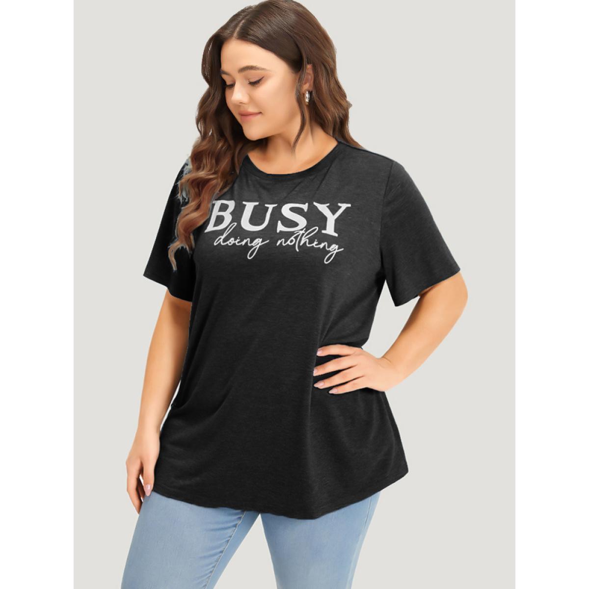 Plus Size Letter Print Crew Neck T-shirt Black Women Casual Plain Letter Dailywear T-shirts BloomChic 14-16/1X Product Image
