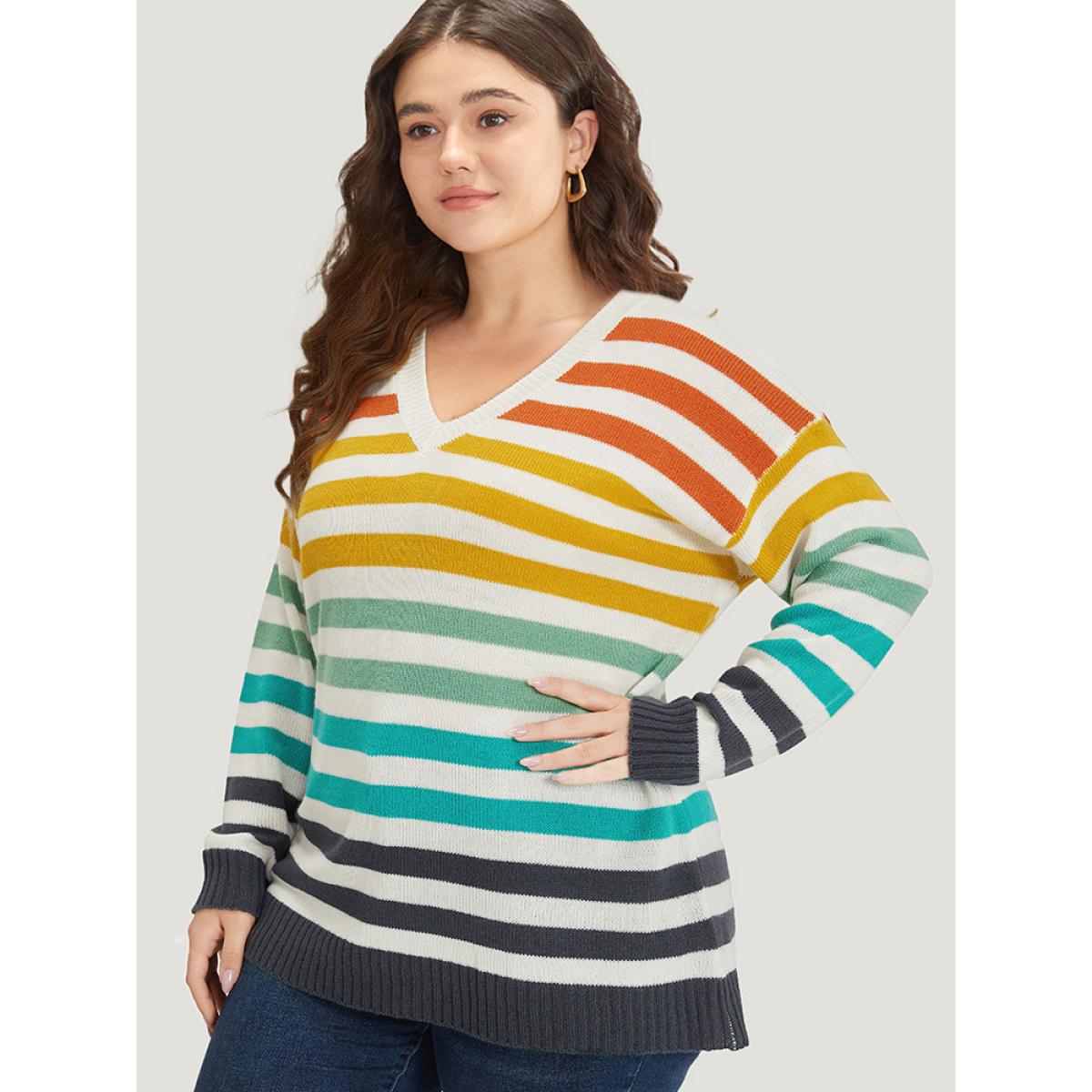 Plus Size Rainbow Print V Neck Elastic Cuffs Pullover Multicolor Women Casual Loose Long Sleeve V-neck Dailywear Pullovers BloomChic 12/L Product Image