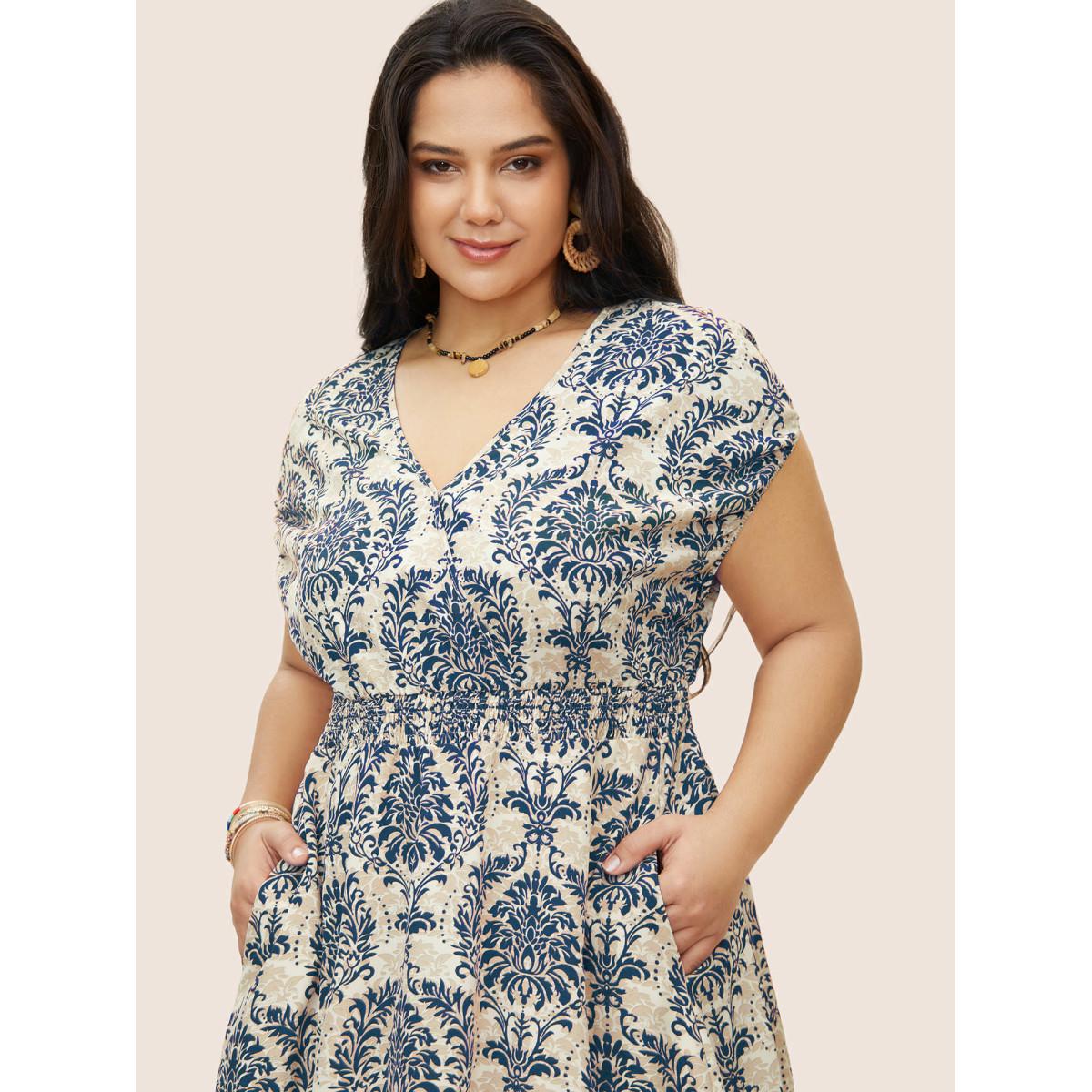 Plus Size Moroccan Print Shirred Slit Hem Dress DarkBlue Women Resort Slit V-neck Cap Sleeve Curvy Long Dress BloomChic 14-16/1X Product Image