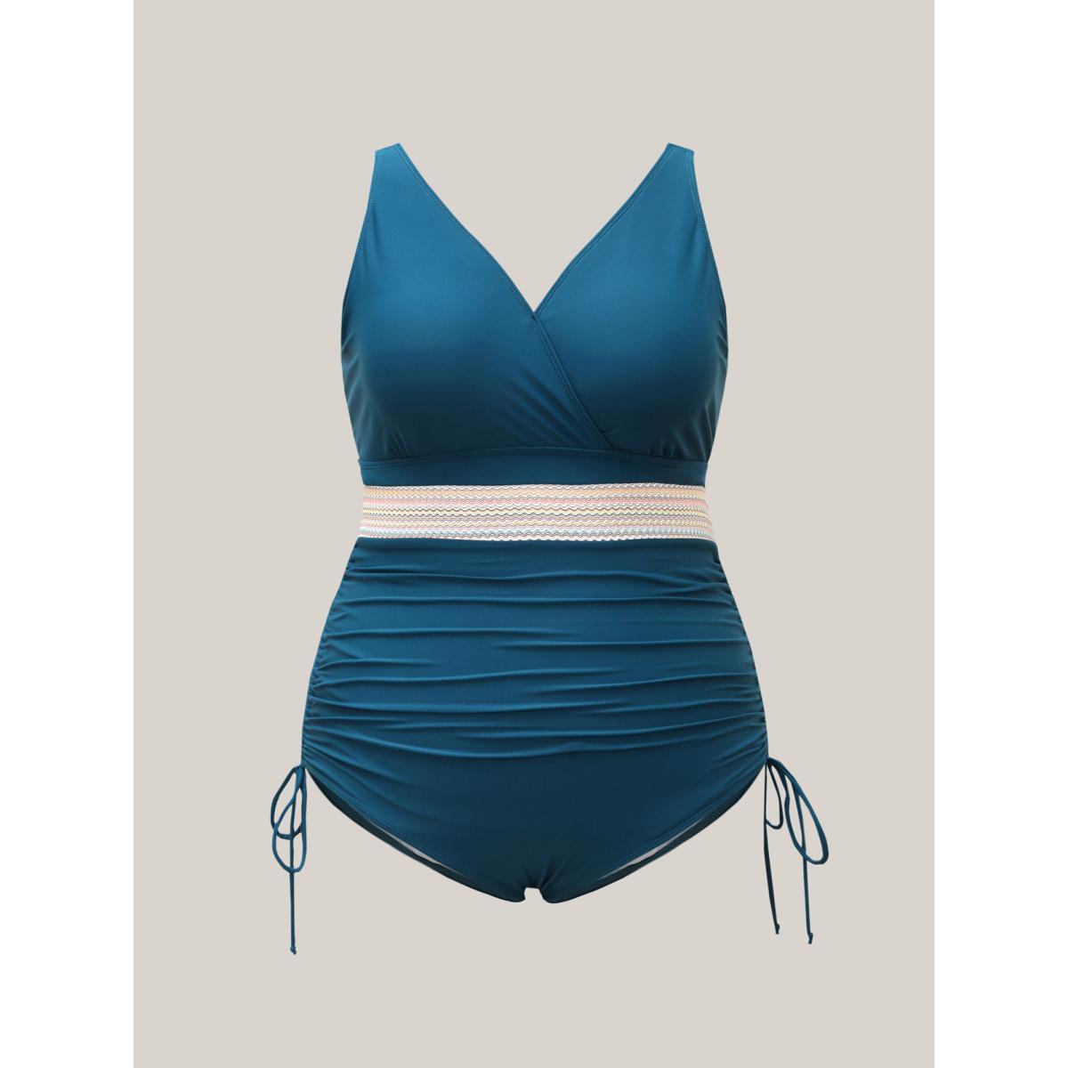 Plus Size Contrast Webbing Drawstring Gathered One-Piece Swimsuit Women's Swimwear Teal Beach Woven ribbon&lace trim Curve Bathing Suits High stretch One Pieces BloomChic 14-16/1X Product Image