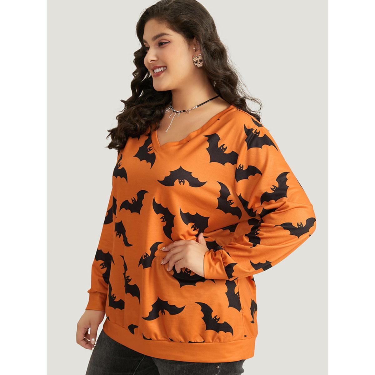 Plus Size Halloween Bat Print V Neck Sweatshirt Women OrangeRed Casual Elastic cuffs V-neck Festival-Halloween Sweatshirts BloomChic 10/M Product Image